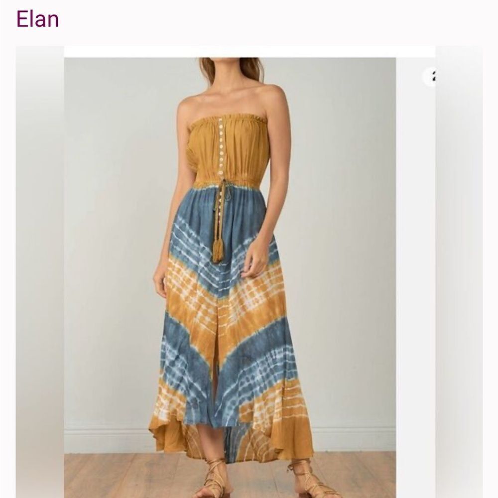 ELAN The Macedonia Mustard Blue Tie Dye Strapless Boho Maxi Dress